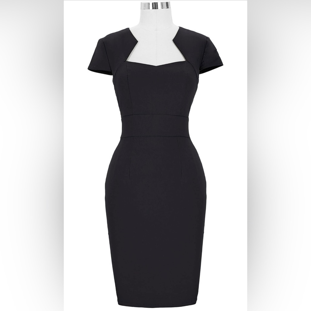 Medium Vintage Black Cocktail Dress Cap Sleeve Retro Vintage Pencil Dress